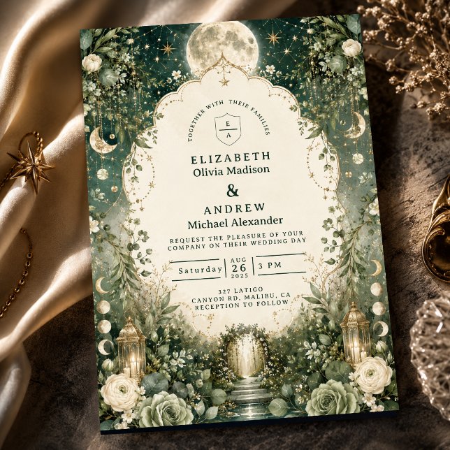 Elegant Green Celestial Wedding Invitation (Creator Uploaded)