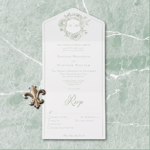 Elegant Green Chinoiserie Bird Crest Wedding All In One Invitation
