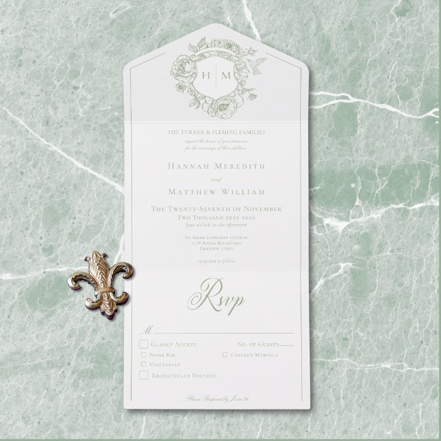 Elegant Green Chinoiserie Bird Crest Wedding All In One Invitation (Elegant Green Chinoiserie Bird Crest Wedding All In One Invitation)