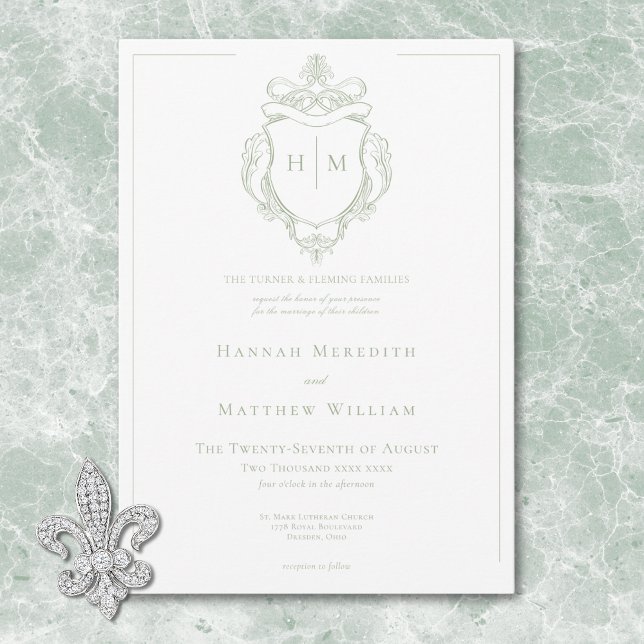 Elegant Green Chinoiserie Bird & Crest Wedding Invitation (Elegant Green Chinoiserie Bird & Crest Wedding Invitation)