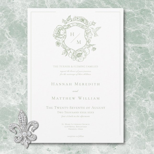 Elegant Green Chinoiserie Bird & Crest Wedding Invitation (Elegant Green Chinoiserie Bird & Crest Wedding Invitation)