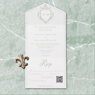 Elegant Green Chinoiserie Bird Crest Wedding QR All In One Invitation