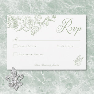 Elegant Green Chinoiserie Bird & Crest Wedding RSVP Card