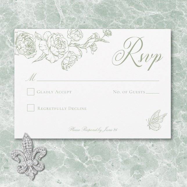 Elegant Green Chinoiserie Bird & Crest Wedding RSVP Card (Elegant Green Chinoiserie Bird & Crest Wedding RSVP Card)