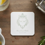 Elegant Green Chinoiserie Bird Crest Wedding Square Paper Coaster<br><div class="desc">Elevate your special day with our elegant, vintage Baroque-style wedding coaster, a masterpiece of timeless elegance. Featuring a delicate French dusty sage green chinoiserie crest with delicate line art on a pristine white background, this design exudes classic charm and sophistication. Its simplicity highlights its refined details, creating a design as...</div>
