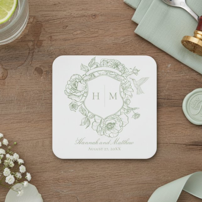 Elegant Green Chinoiserie Bird Crest Wedding Square Paper Coaster (Creator Uploaded)