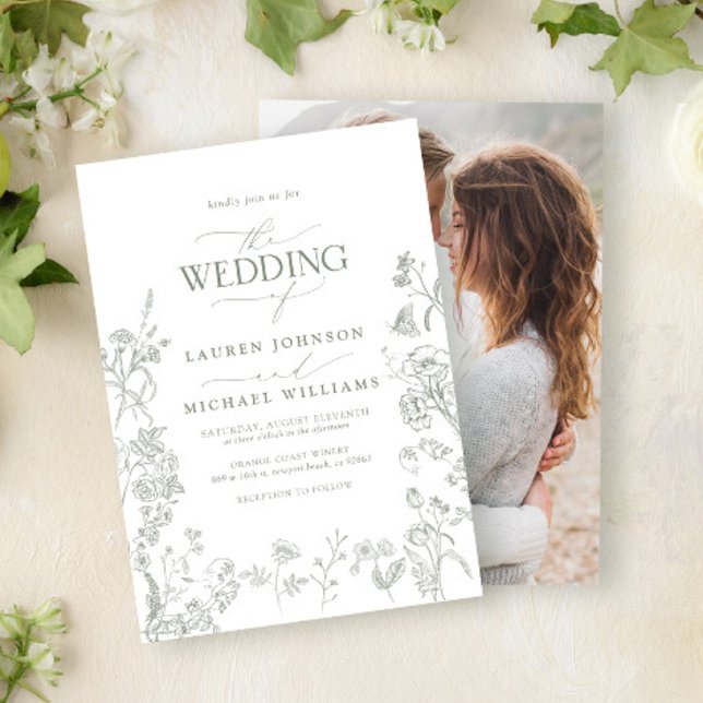 Elegant Green Chinoiserie Floral Photo Wedding Invitation (Creator Uploaded)