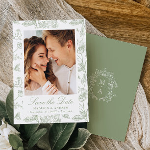 Elegant Green Chinoiserie Floral Photo Wedding Save The Date