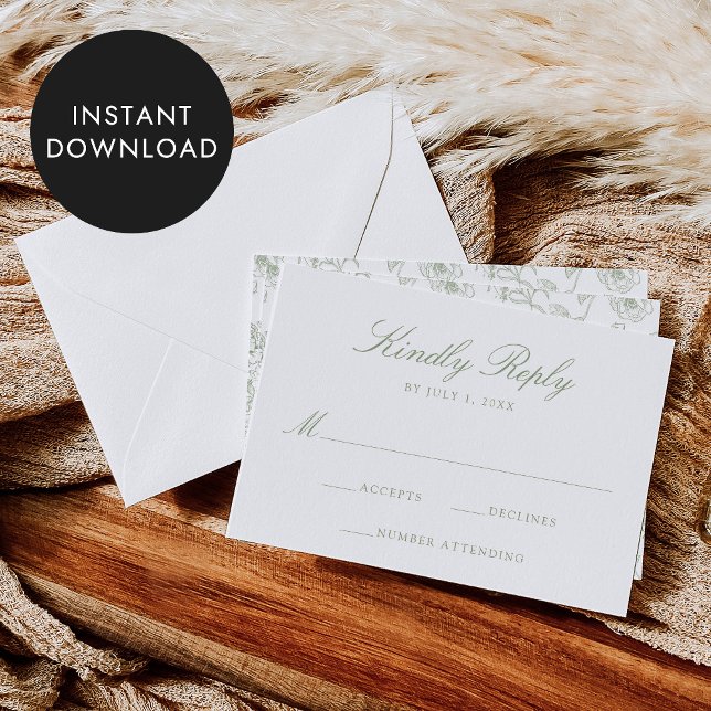 Elegant Green Chinoiserie Floral Wedding RSVP Card (Creator Uploaded)