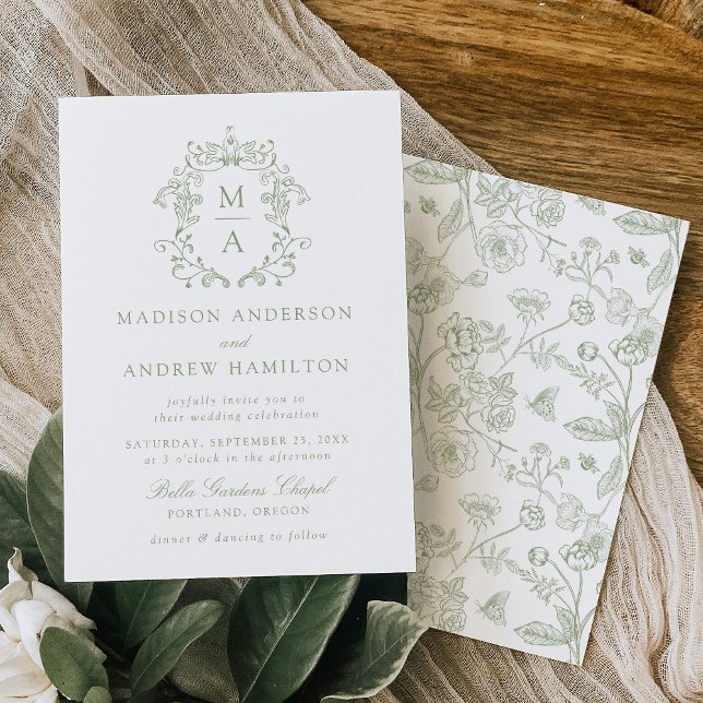 Elegant Green Chinoiserie Victorian Floral Wedding Invitation (Creator Uploaded)