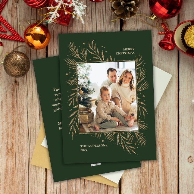 Elegant Green Christmas Custom Photo Message  Holiday Card (Creator Uploaded)