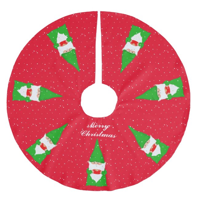 Elegant Green Christmas Gnomes on Red Brushed Polyester Tree Skirt (Front)