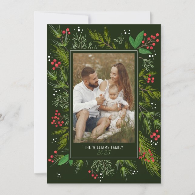 Elegant Green Christmas Greenery Wreath 4 Photo Holiday Card (Front)