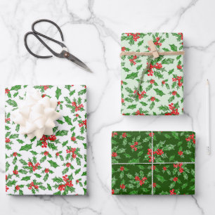 Elegant Green Christmas Holly Pattern Wrapping Paper Sheet