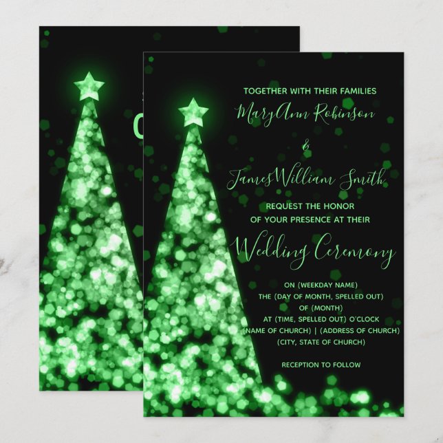 Elegant Green Christmas Tree Holiday Wedding Invitation (Front/Back)