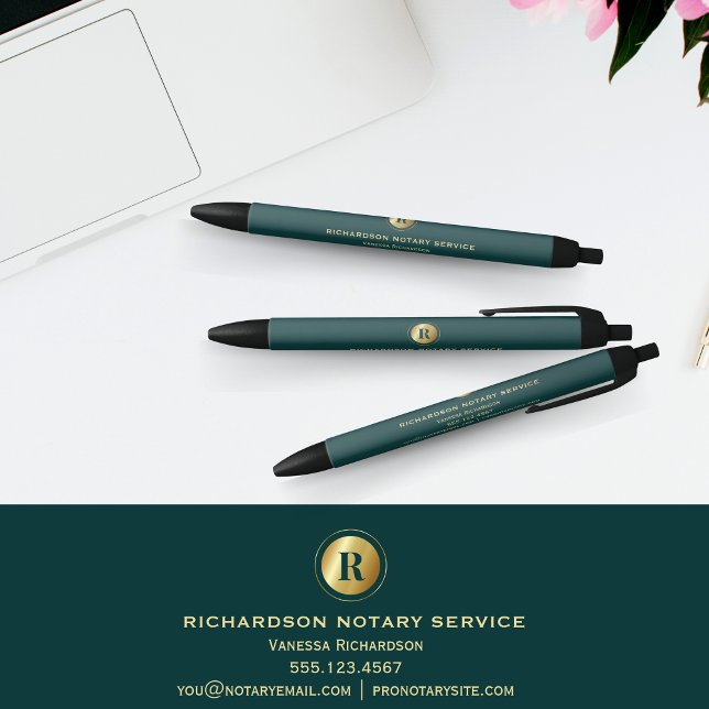 Elegant Green Classic Gold Monogram Promo Notary Black Ink Pen (Creator Uploaded)
