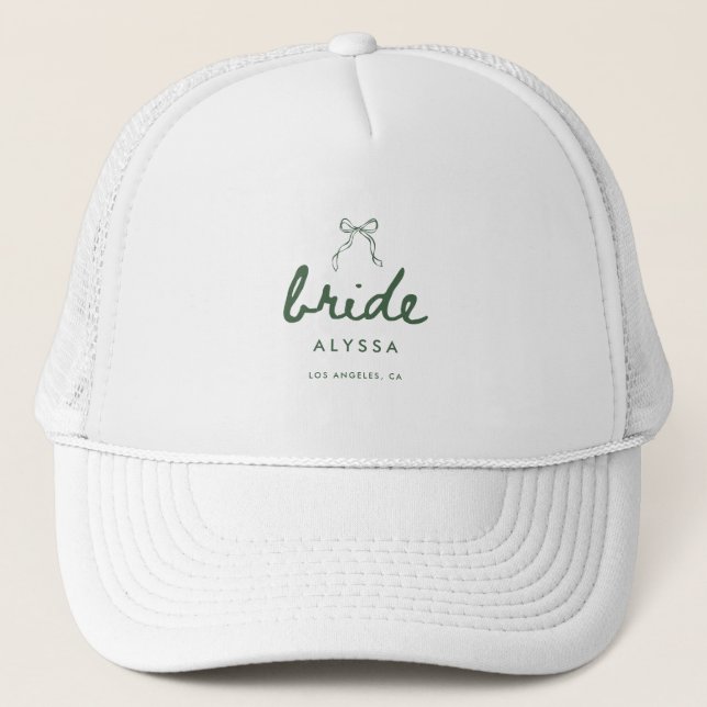 Elegant Green Coquette Script Bride's Name Wedding Trucker Hat (Front)