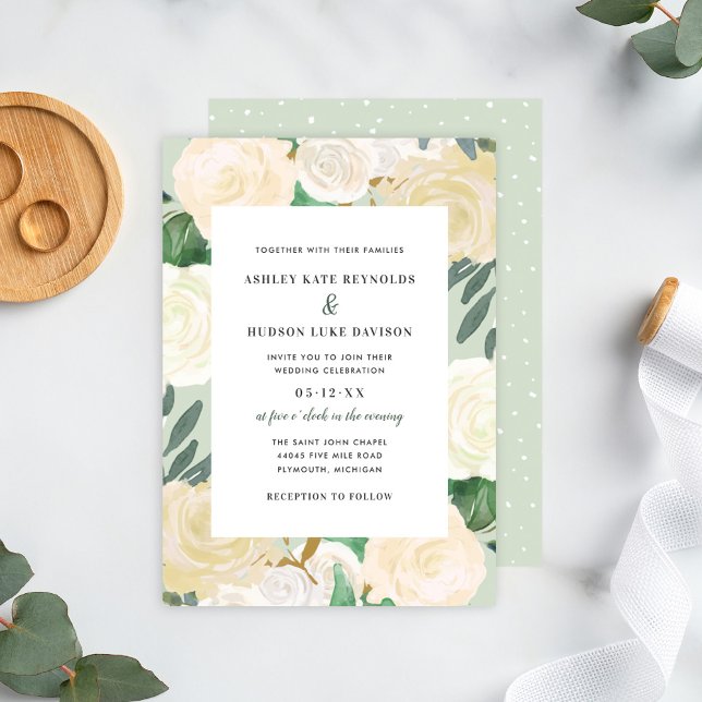 Elegant Green Cream Gold Floral Greenery Wedding Invitation (Creator Uploaded)