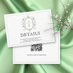 Elegant green crest monogram wedding details enclosure card