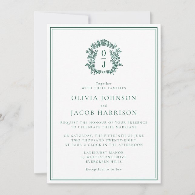 Elegant Green Crest Wedding Invitation (Front)