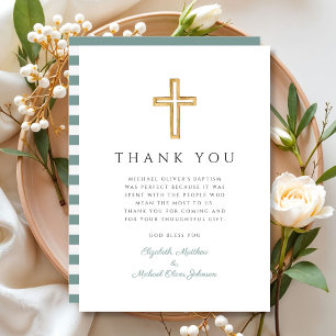 Elegant Green Cross Boy Baptism Thank You Card