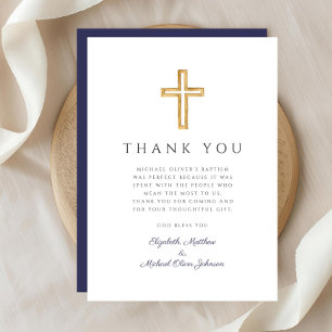 Elegant Green Cross Boy Baptism Thank You Card