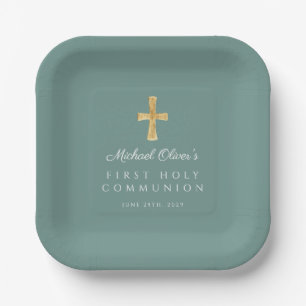 Elegant Green Cross Boy First Communion Paper Plate