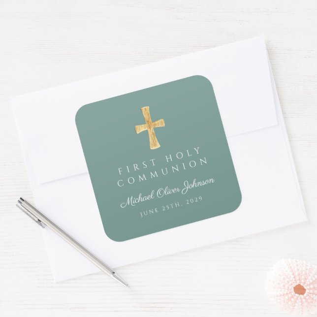 Elegant Green Cross Boy First Communion Square Sticker (Envelope)