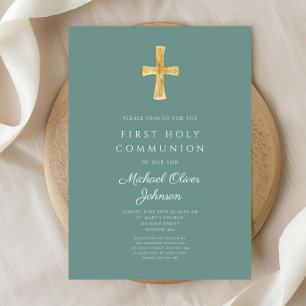 Elegant Green Cross Boy First Holy Communion Invitation