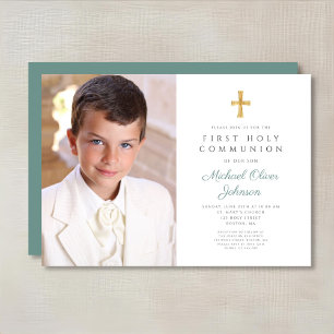 Elegant Green Cross Photo Boy First Communion Invitation