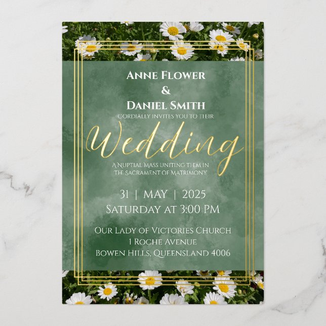 Elegant Green Daisy Foil Invitation (Front)