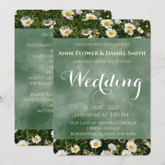 Elegant Green Daisy Wedding Invitation (Front/Back)