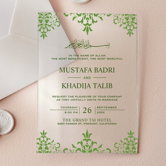 Elegant Green Damask Islamic Wedding Acrylic Invitations (Creator Uploaded)
