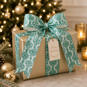 Elegant Green Damask Pattern Satin Ribbon