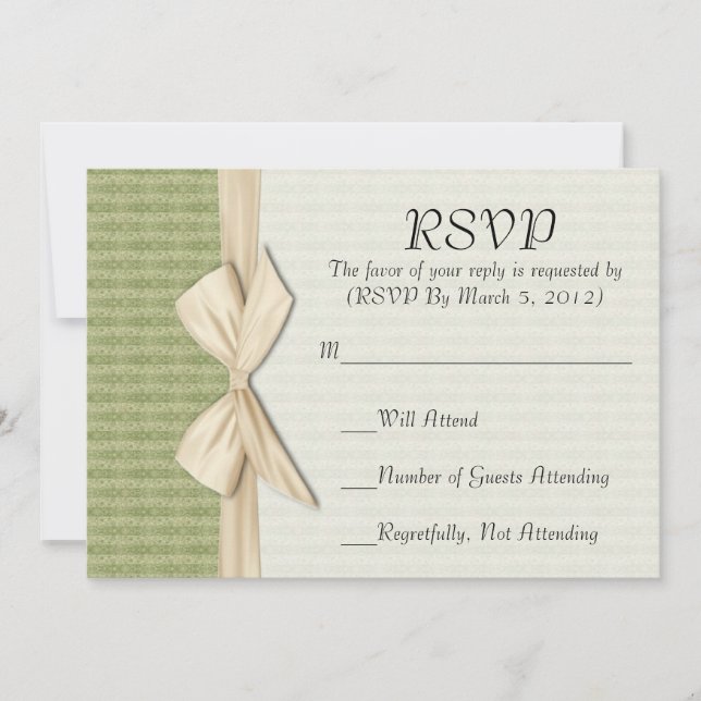 Elegant Green Damask Ribbon RSVP card (Front)