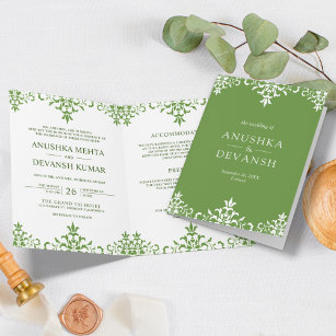 Elegant Green Damask Traditional Indian Wedding Invitation