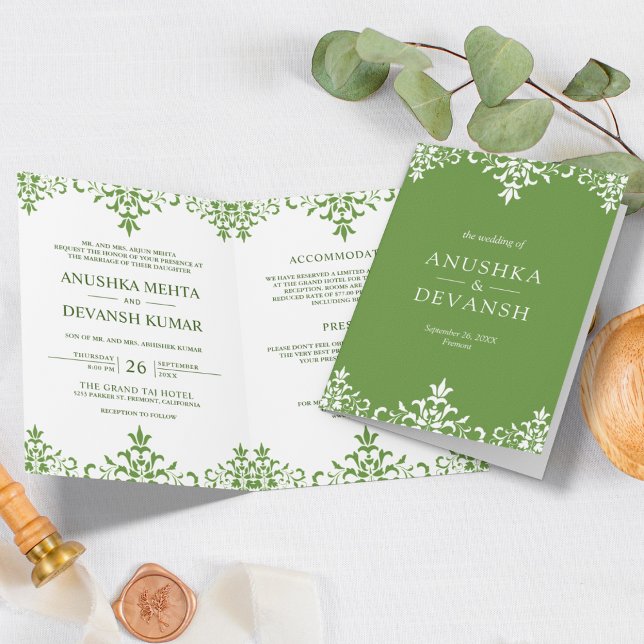 Elegant Green Damask Traditional Indian Wedding Invitation (Creator Uploaded)