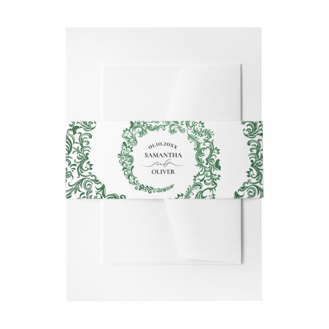 Elegant Green Damask Wedding Invitation Belly Band (Front Example)