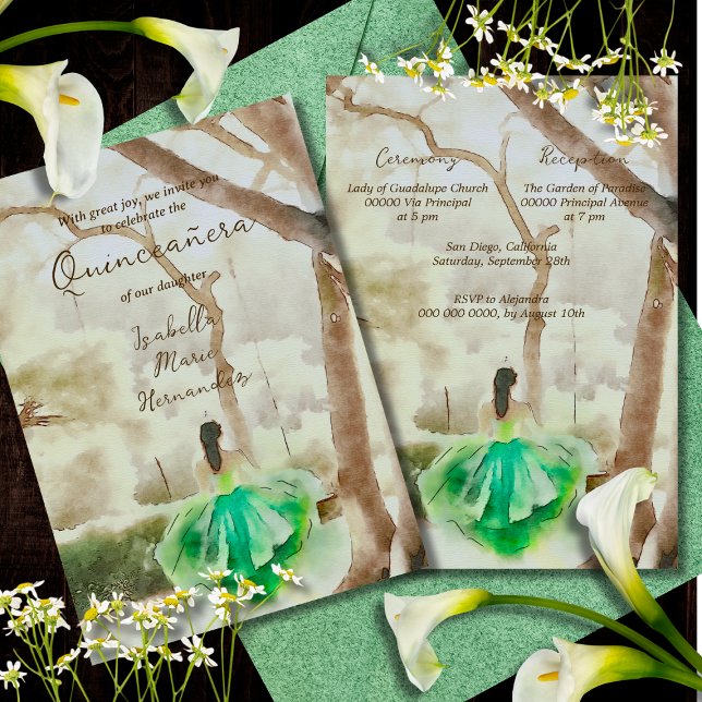 Elegant Green Dress Watercolor Garden Quinceañera Invitation (Creator Uploaded)