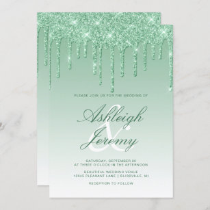 Elegant Green Dripping Glitter Script Wedding Invitation