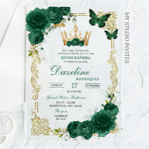 Elegant Green Emerald Crown Quinceanera Acrylic Invitations