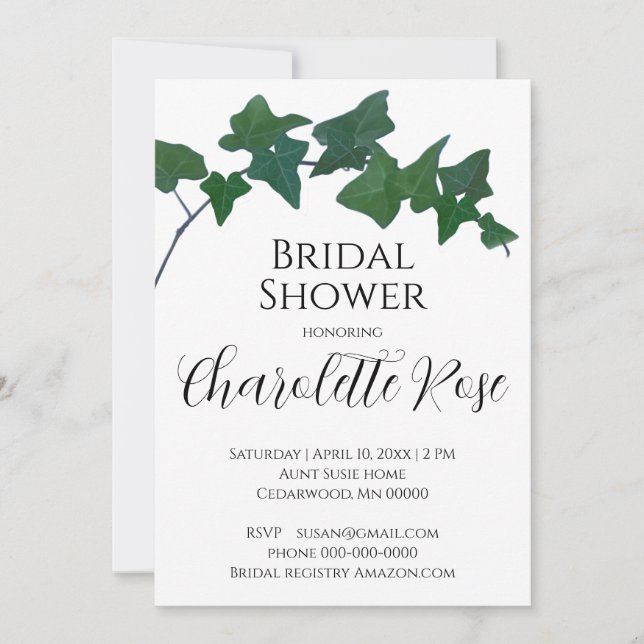 Elegant Green English Ivy Bridal shower Invitation (Front)