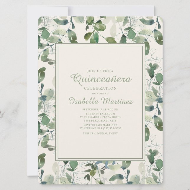 Elegant Green Eucalyptus Leaves Quinceanera Invitation (Front)