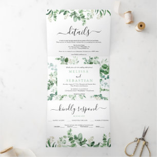 elegant green eucalyptus triptych wedding invitati Tri-Fold invitation