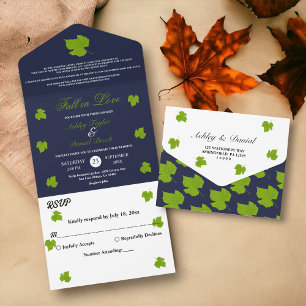 Elegant Green Fall Leaves Navy Blue Floral Wedding All In One Invitation
