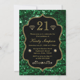 Elegant Green Faux Glitter & Gold Winter Birthday Invitation