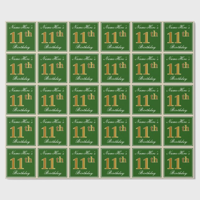 Elegant, Green, Faux Gold 11th Birthday + Name Wrapping Paper (Flat)