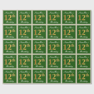 Elegant, Green, Faux Gold 12th Birthday + Name Wrapping Paper