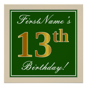 Elegant, Green, Faux Gold 13th Birthday + Name Poster