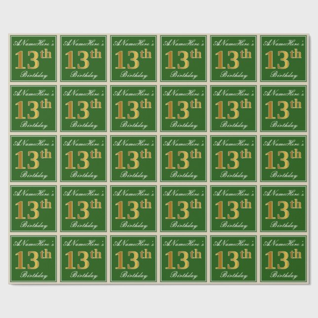 Elegant, Green, Faux Gold 13th Birthday + Name Wrapping Paper (Flat)